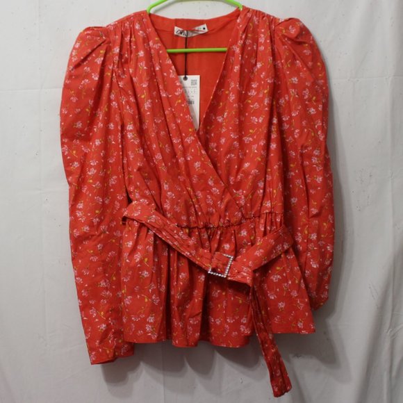 NWT Zara Floral Poplin Belted Wrap Top Size M - Picture 12 of 12